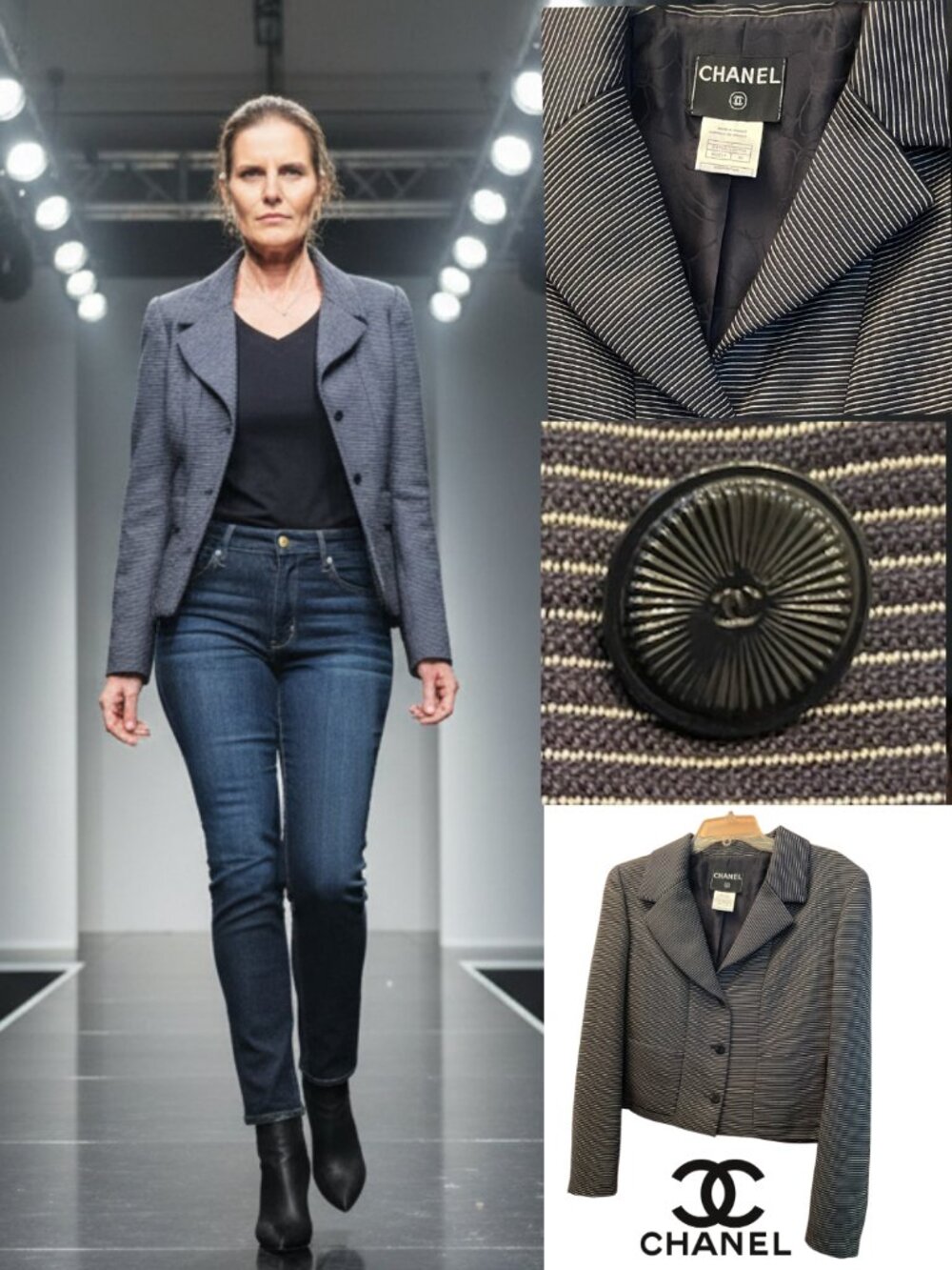 CHANEL jacket FR 46, 10 US, cropped, classic black & white stripe. Authentic.